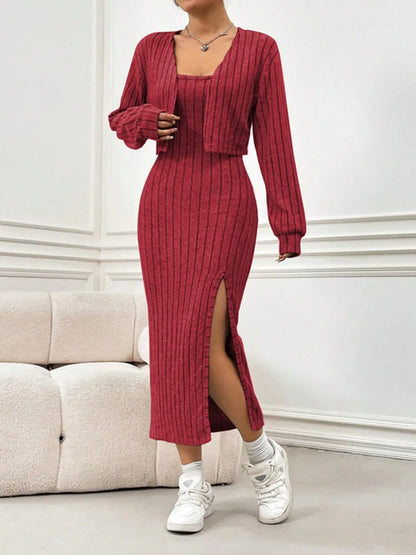 Cropped Cardigan & Slit Cami Dress Set - Long Sleeve Two-Piece Outfit