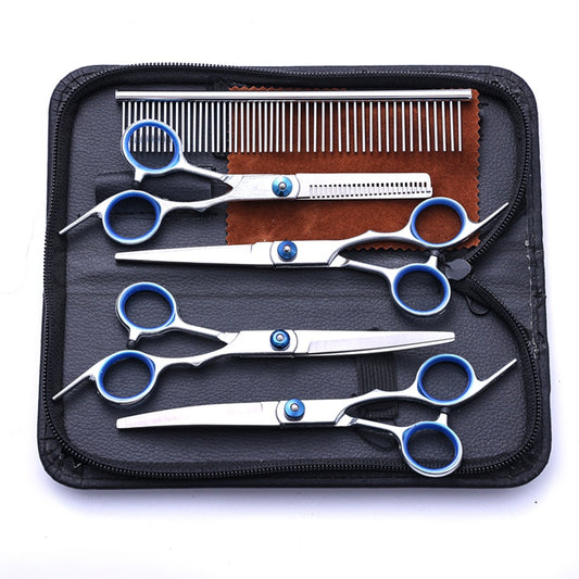 Professional pet grooming scissors set for home use. Sharp, safe, and precise—perfect for trimming, shaping, and everyday dog and cat grooming.