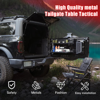 Heavy-duty 2-tier tailgate table with MOLLE panel for Ford Bronco 2021–2024. Ideal for camping, overlanding, and organized outdoor gear storage.