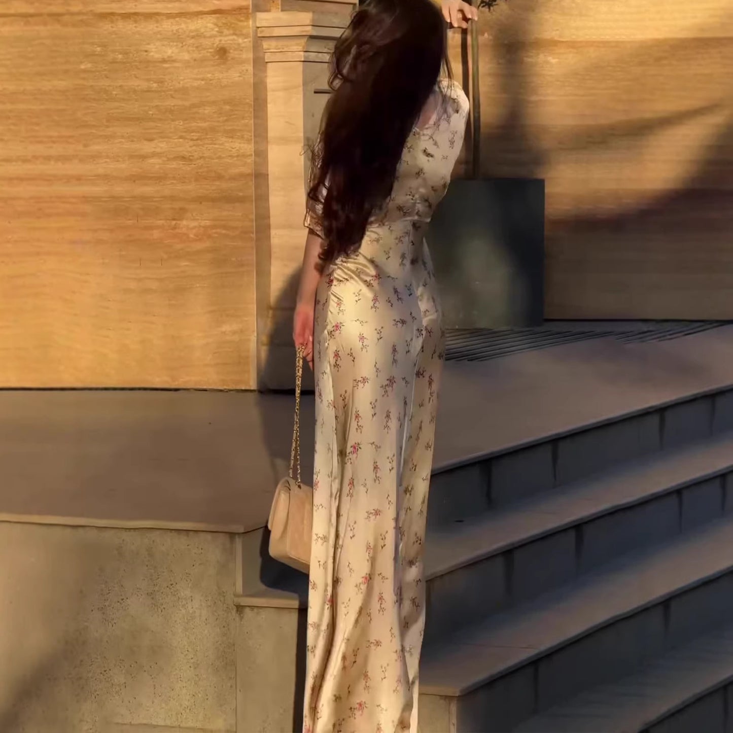 Women's Vintage Floral Puff Sleeve V-Neck Maxi Dress – Champagne & Black