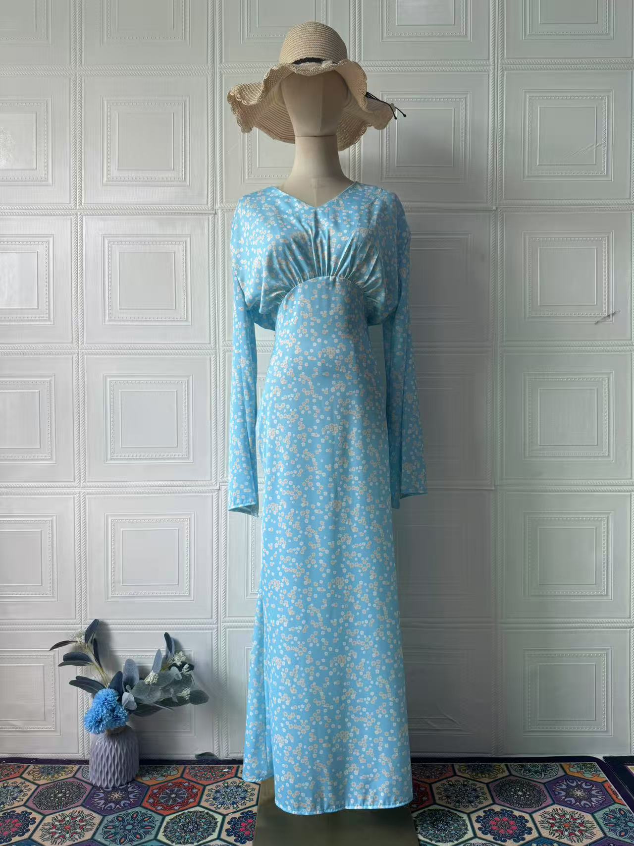 Women's Floral V-Neck Flared Sleeve Straight Cut Dress – Light Blue, White & Black