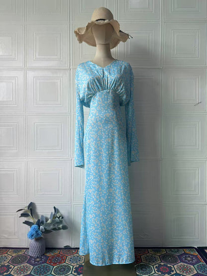 Women's Floral V-Neck Flared Sleeve Straight Cut Dress – Light Blue, White & Black