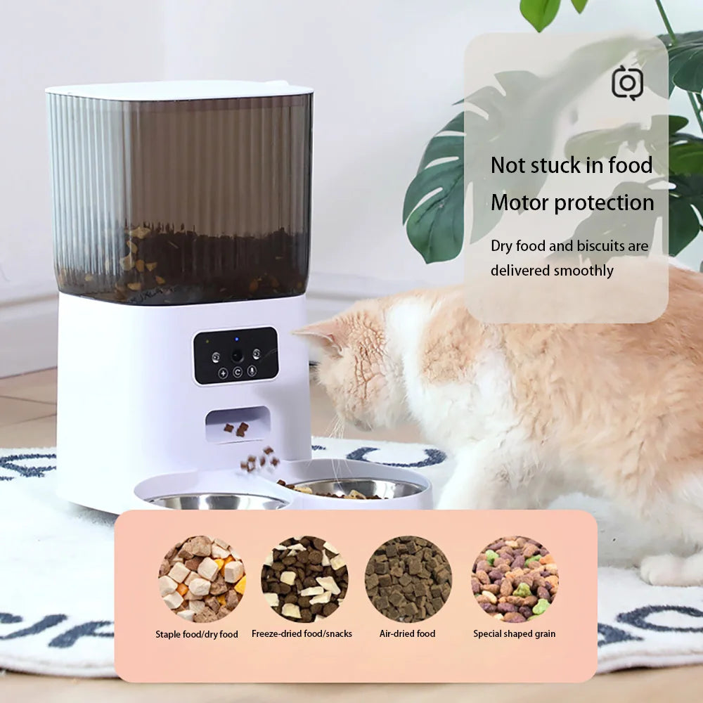 Smart automatic pet feeder with camera, 5L large capacity, and double bowls. App-controlled video feeding with voice recording—perfect for cats and dogs.