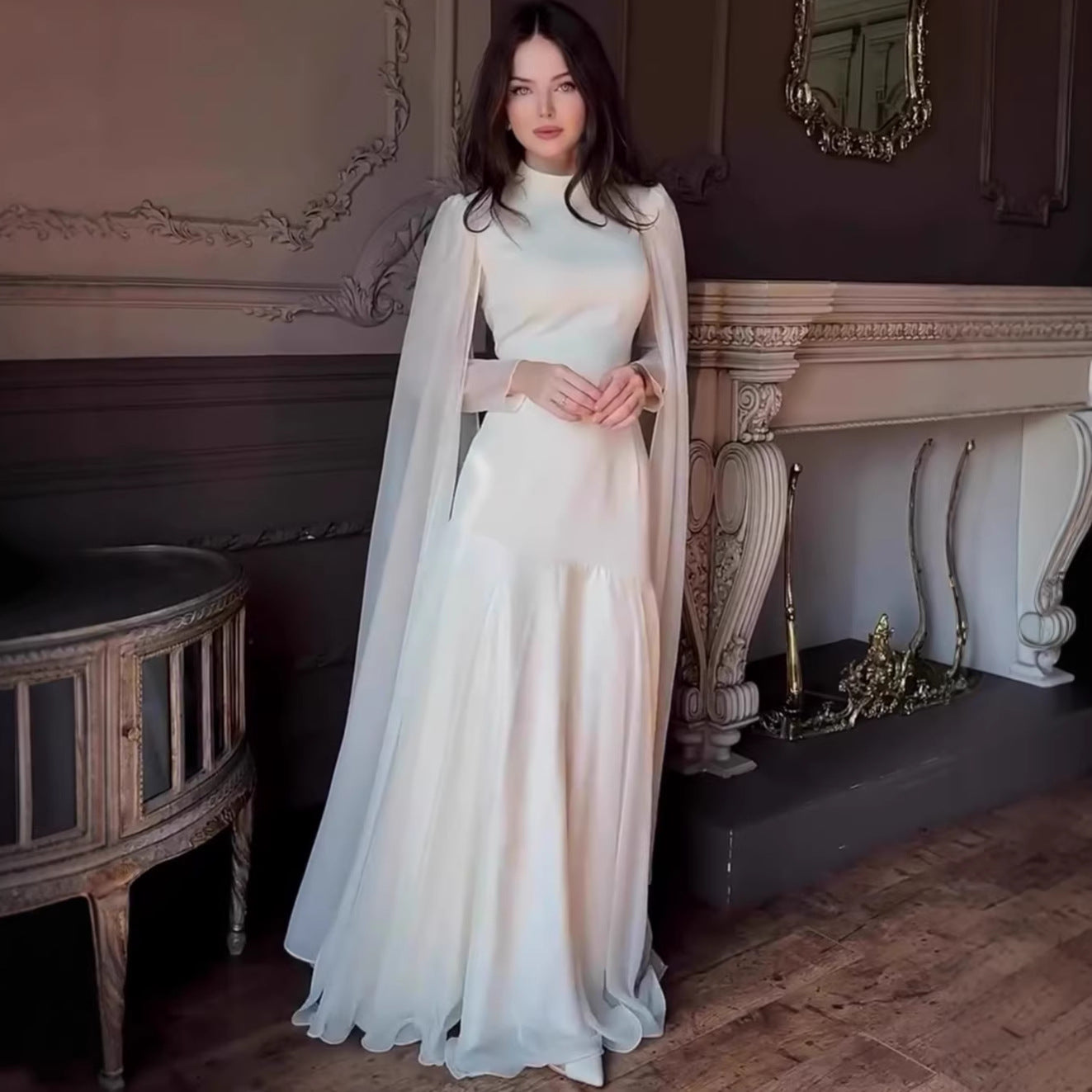 Women's High Neck Fishtail Long Sleeve Maxi Dress – Elegant Autumn Gown