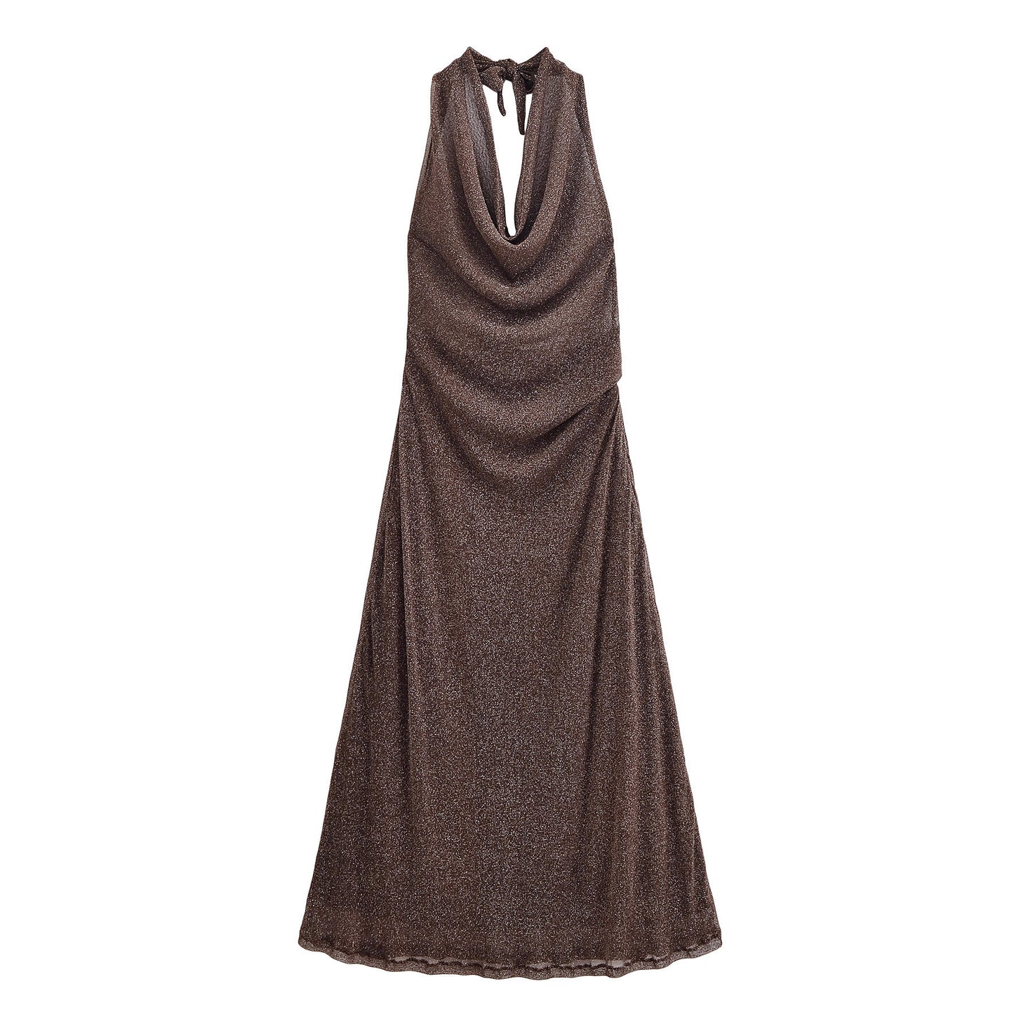 French Backless Metallic Dress - Brown Sleeveless A-Line Long Dress