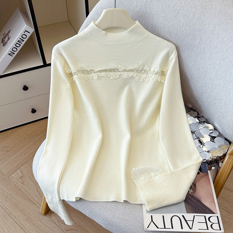 Lace Trim Halter Neck Knit Top - Hollow Out Long Sleeve