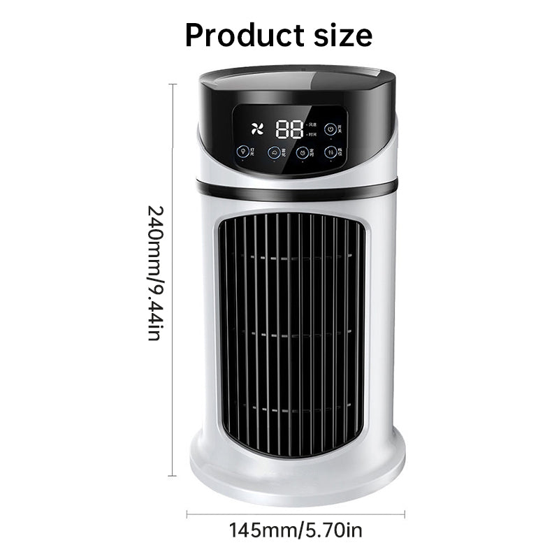 Compact mini USB air cooler with six speed levels, silent operation, and timer function. Bladeless design for safe, efficient personal cooling at home or office.