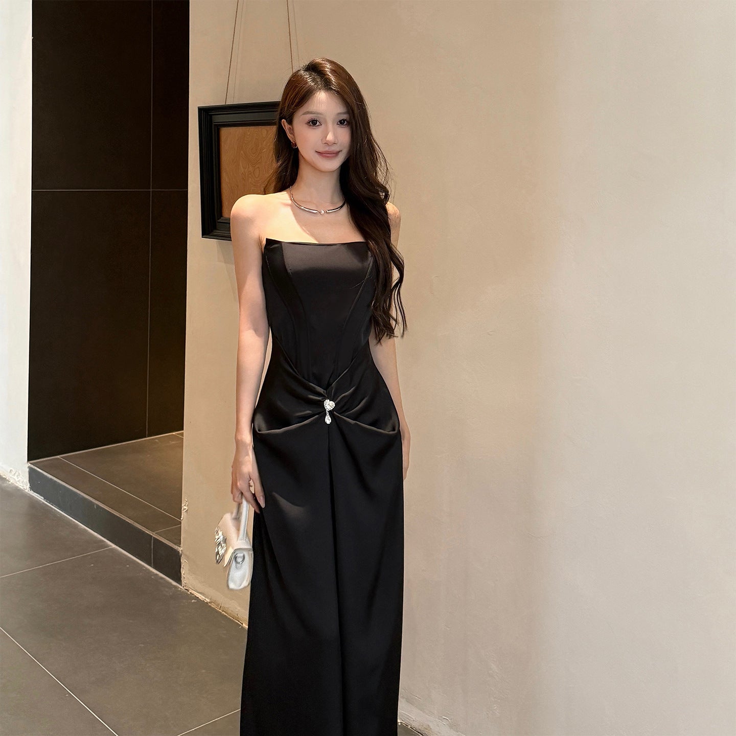 Satin Black Strapless Fishbone Design Hip Hugging Long Skirt - One Shoulder Midi Dress