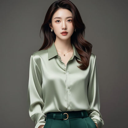 Women’s High-Quality Acetate Satin Shirt – Dark Green Long Sleeve | Elegant Luxury Blouse
