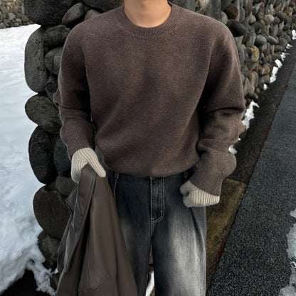 Men’s Casual Round Neck Knit Pullover Sweater – Thick Warm Winter Base Layer, Comfortable Commute & Everyday Wear