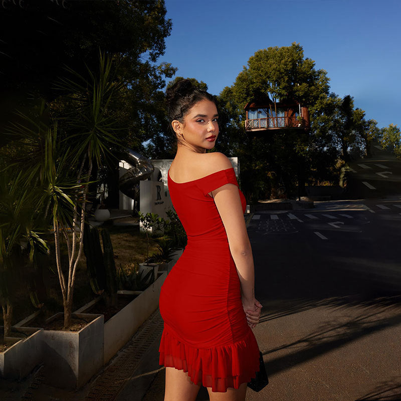 Off-Shoulder Lace Trim Bodycon Dress - Sleeveless Mini Dress