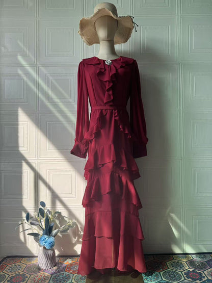 Waist Cinching Mermaid Maxi Dress – Lantern Sleeve Stand Collar Women’s Long Dress | 5 Colors