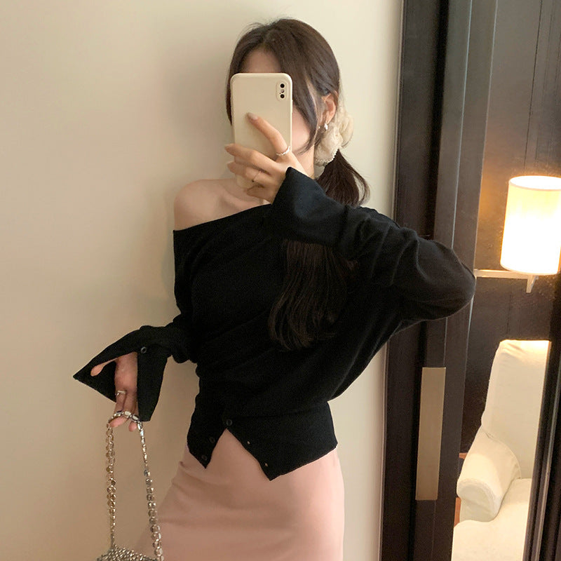 Women's Off Shoulder Asymmetric Neck Loose Knit Top – Long Sleeve Button Casual Blouse