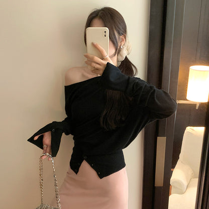 Women's Off Shoulder Asymmetric Neck Loose Knit Top – Long Sleeve Button Casual Blouse