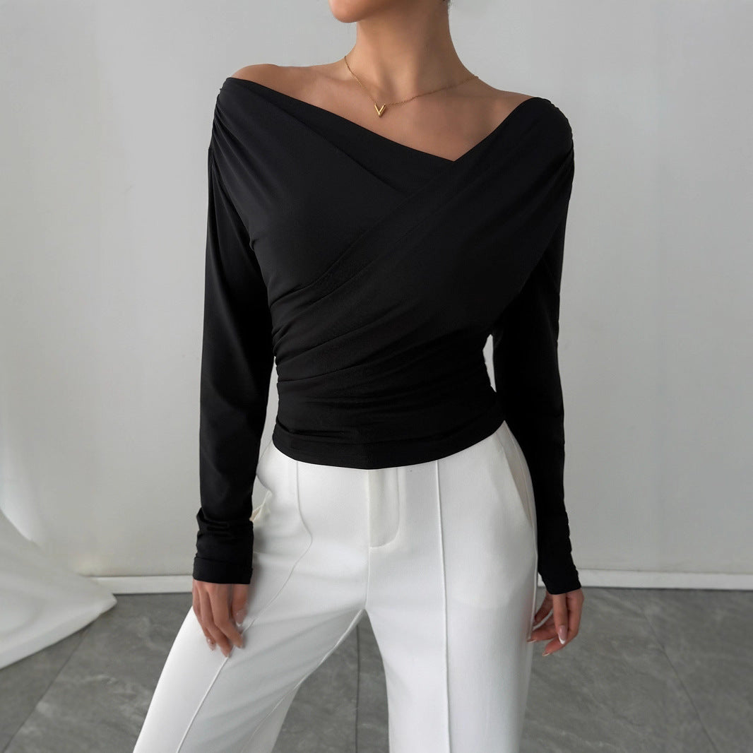 Zarusky Off Shoulder Slanted Collar Shirt – Slim Fit Long Sleeve Top