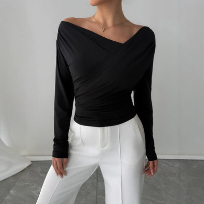 Zarusky Off Shoulder Slanted Collar Shirt – Slim Fit Long Sleeve Top
