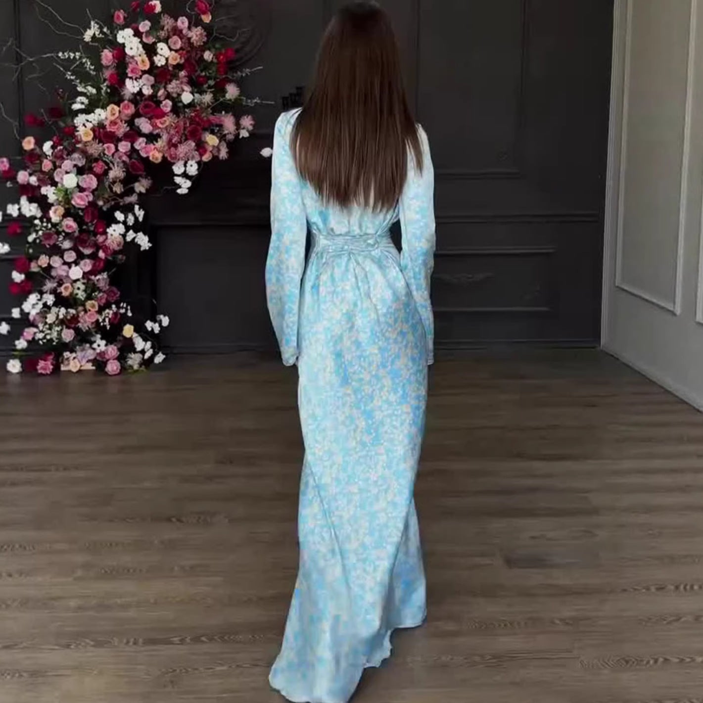 Women's Floral V-Neck Flared Sleeve Straight Cut Dress – Light Blue, White & Black
