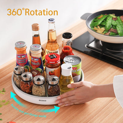 360° rotating seasoning organizer shelf with oilproof, non-slip base. Space-saving kitchen storage rack for spices, bottles, and daily essentials.