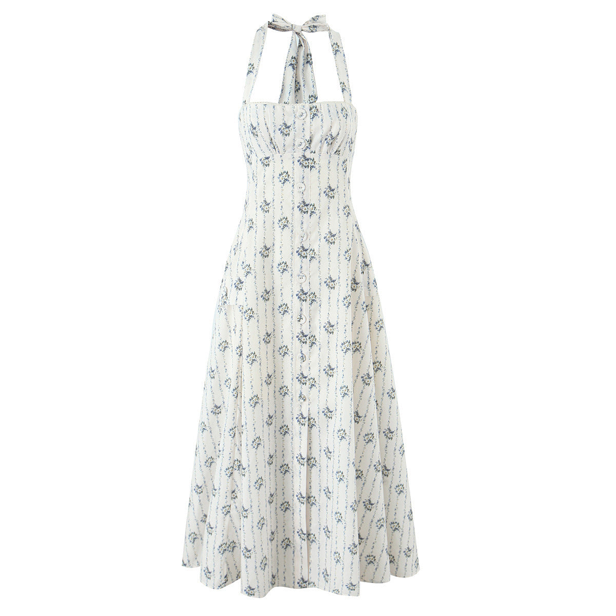 Women's Printed Button-Neck Midi Dress | Cotton | White & Blue