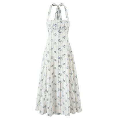 Women's Printed Button-Neck Midi Dress | Cotton | White & Blue