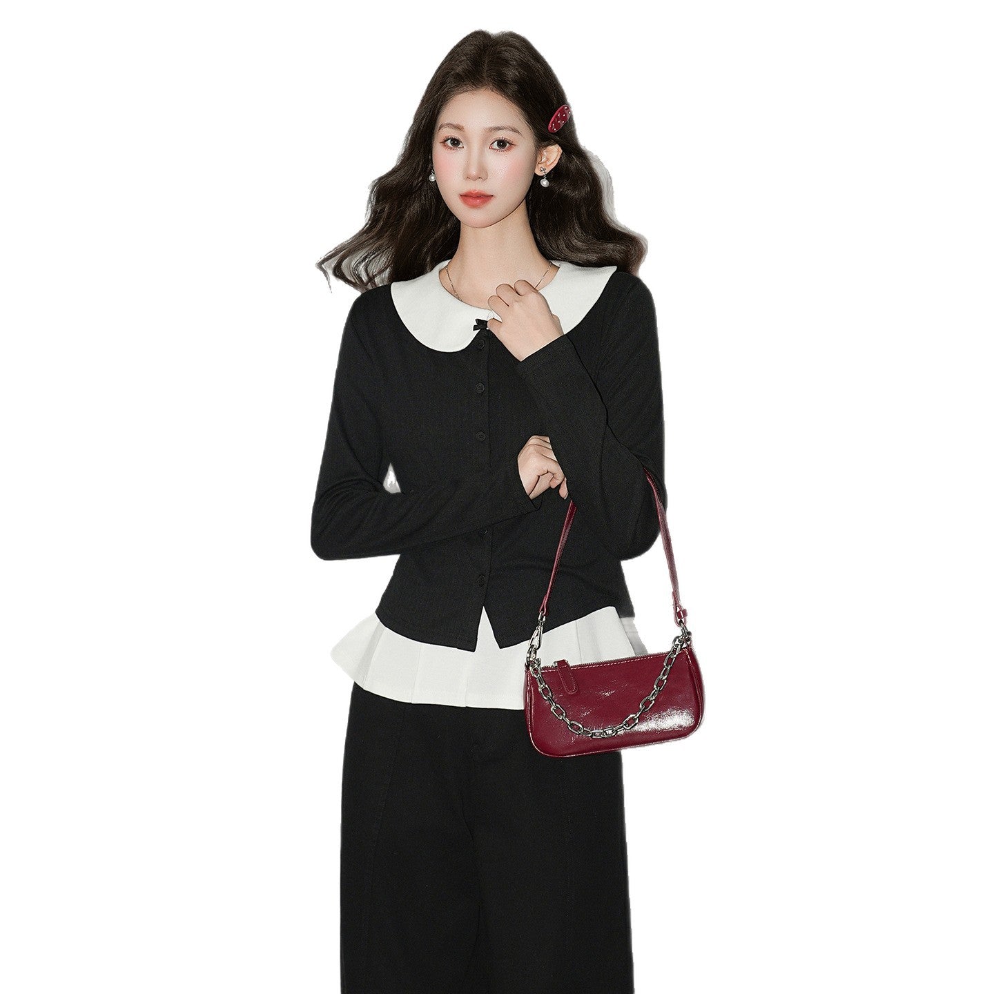 Knit Cardigan & Bow Collar Vest Set - Slim Fit Two-Piece Top