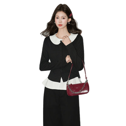 Knit Cardigan & Bow Collar Vest Set - Slim Fit Two-Piece Top