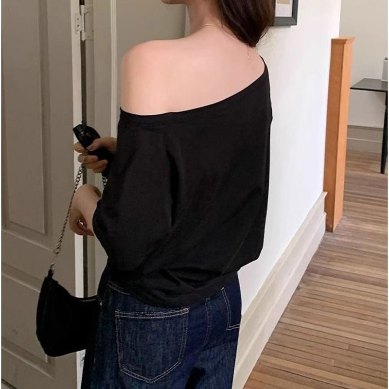 Women's Off Shoulder Oblique Collar Loose Short Sleeve Top – Casual Solid Polyester Blouse