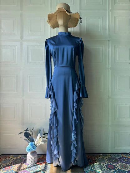 Women's Half High Neck Satin Chiffon Court Tie-Up Maxi Dress – Elegant Long Sleeve Gown