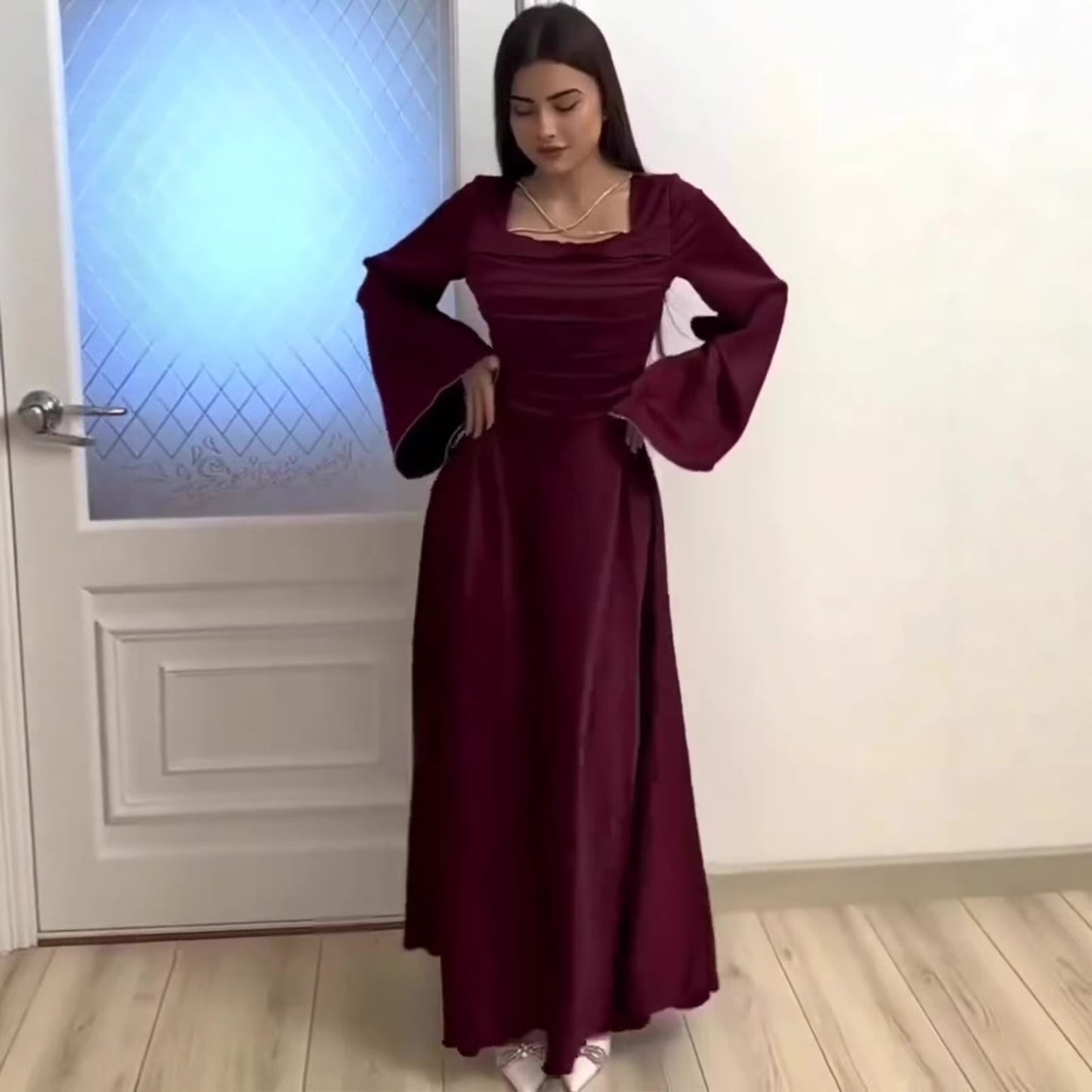 Women's Square Neck Tie Waist Fitted Long Sleeve Satin Dress – Blue, Dark Red & Coffee