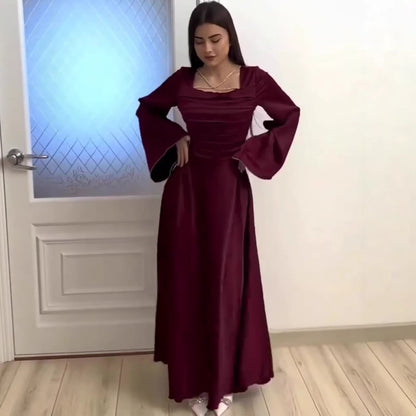 Women's Square Neck Tie Waist Fitted Long Sleeve Satin Dress – Blue, Dark Red & Coffee