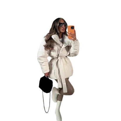 Women’s Long Sleeve Cotton Coat with Waist Tie – Loose Fit Solid Color Outerwear, Minimalist & Elegant Style