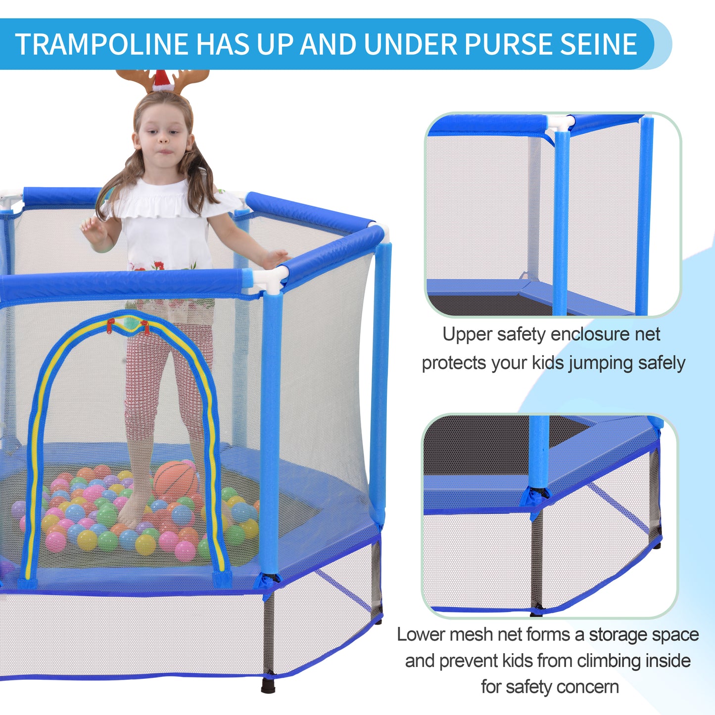 55” Toddler Trampoline with Safety Enclosure Net & Balls | Indoor & Outdoor Mini Trampoline for Kids | Safe, Sturdy Active Play for Toddlers