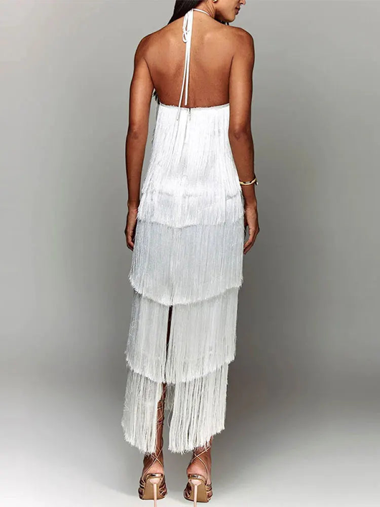Robe longue à glands de couleur métallisée à licou tendance - Robe ajustée sans manches dos nu à lacets