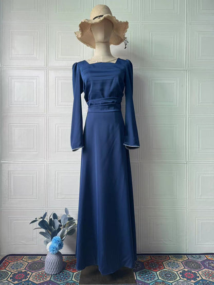 Women's Square Neck Tie Waist Fitted Long Sleeve Satin Dress – Blue, Dark Red & Coffee