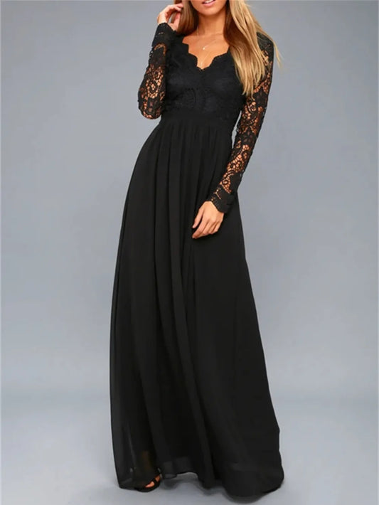 Black Lace Backless Maxi Dress - V-Neck Long Sleeve Dress