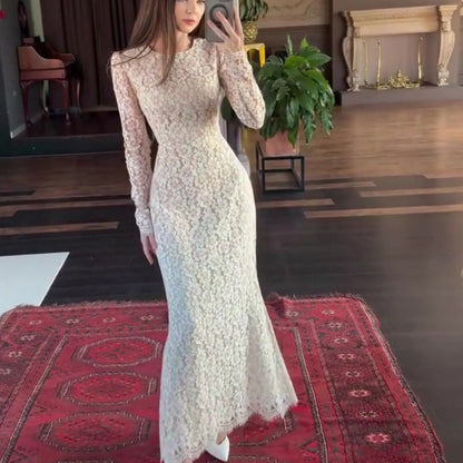 Elegant Long Sleeve Fitted Maxi Dress – High Waist Solid Color Women’s Autumn Fashion
