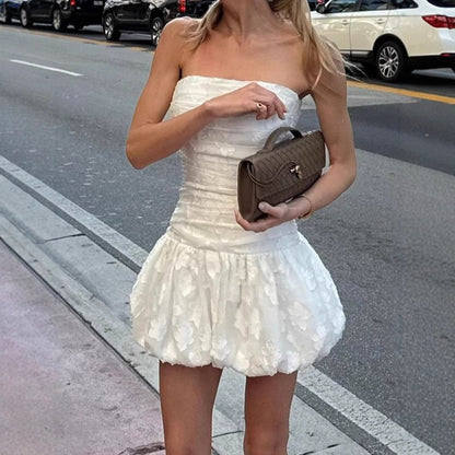 White Off-Shoulder Pleated Mini Dress - Sleeveless Bubble Hem