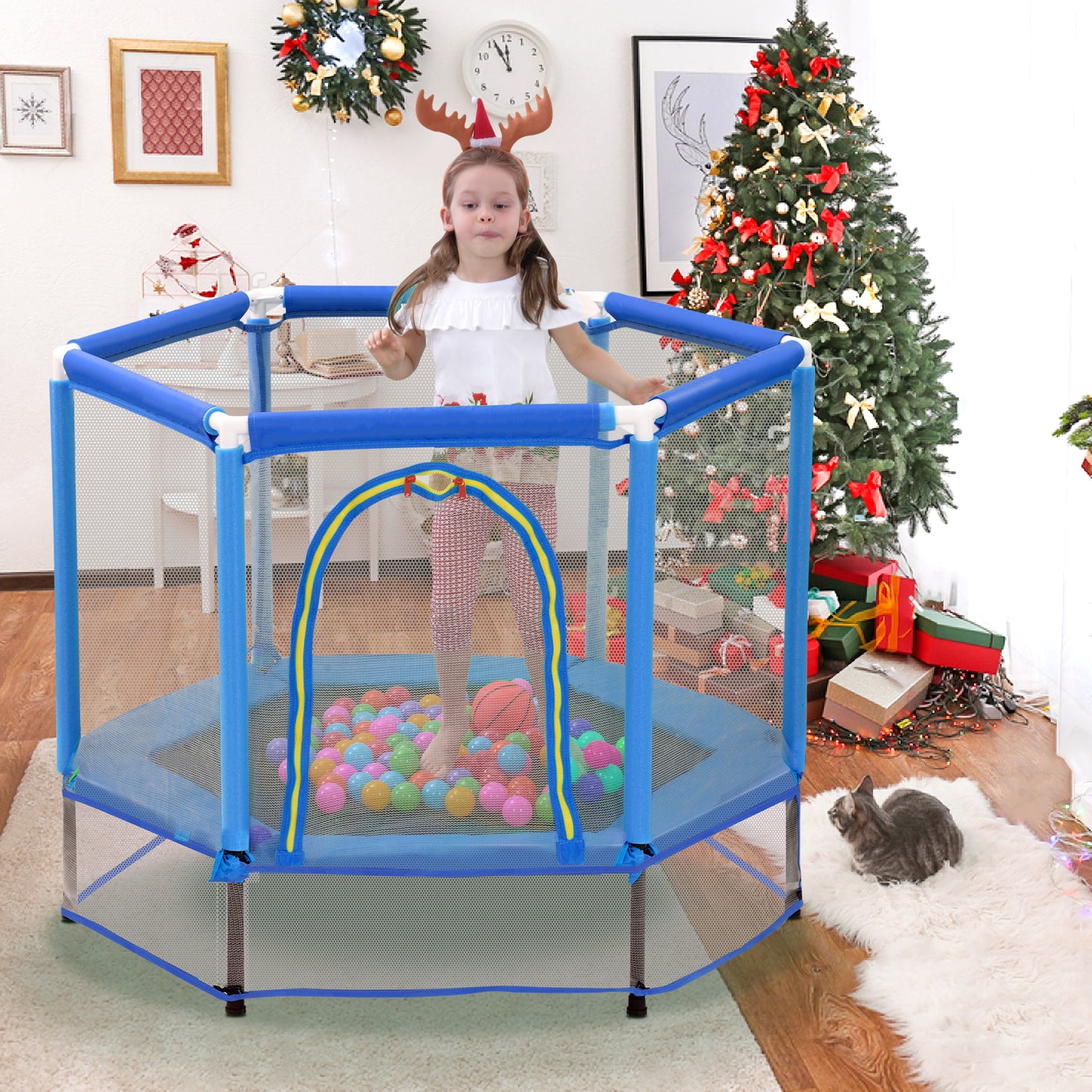55” Toddler Trampoline with Safety Enclosure Net & Balls | Indoor & Outdoor Mini Trampoline for Kids | Safe, Sturdy Active Play for Toddlers