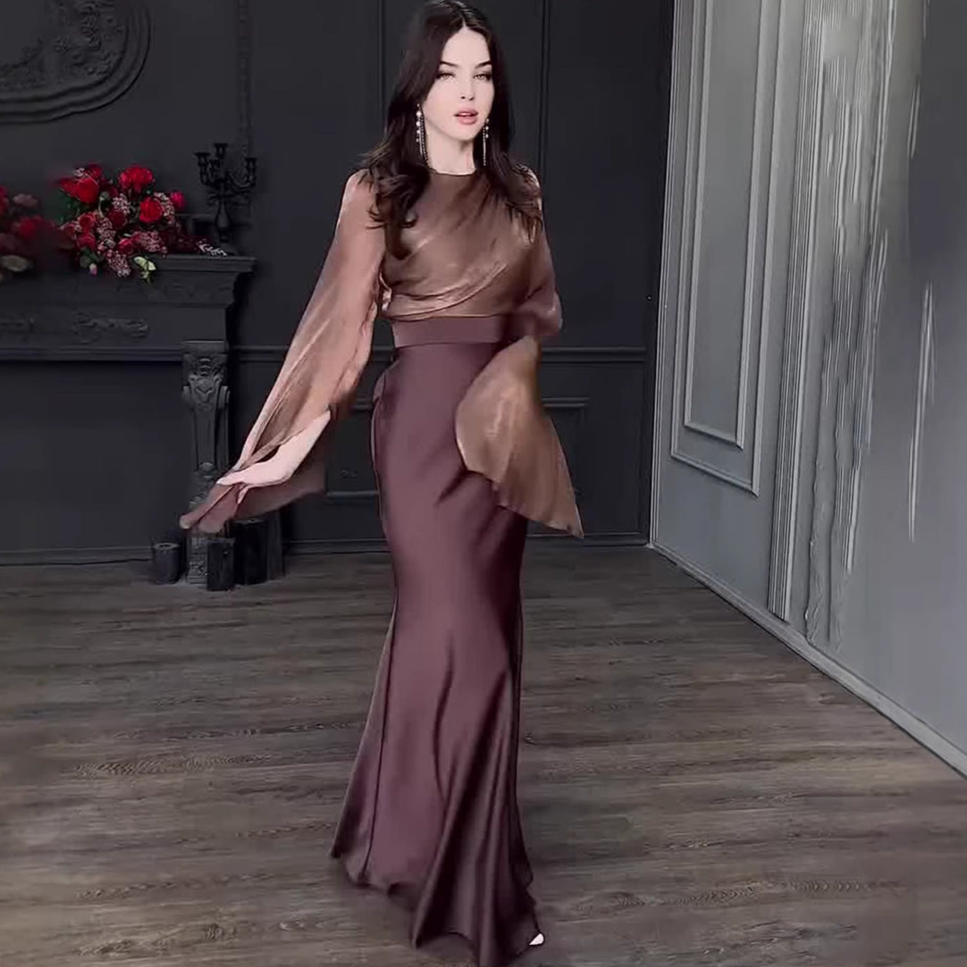 Women's Satin Asymmetric Sleeve Mesh Overlay Floor-Length Dress – Fitted Autumn Gown