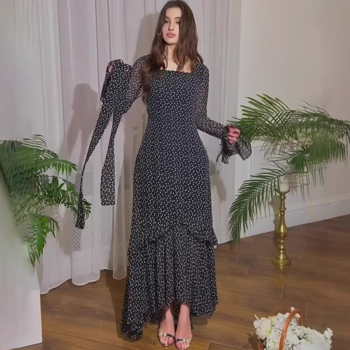Polka Dot Ruffle Lantern Sleeve Maxi Dress – Elegant Chiffon Patchwork Women’s Spring Dress