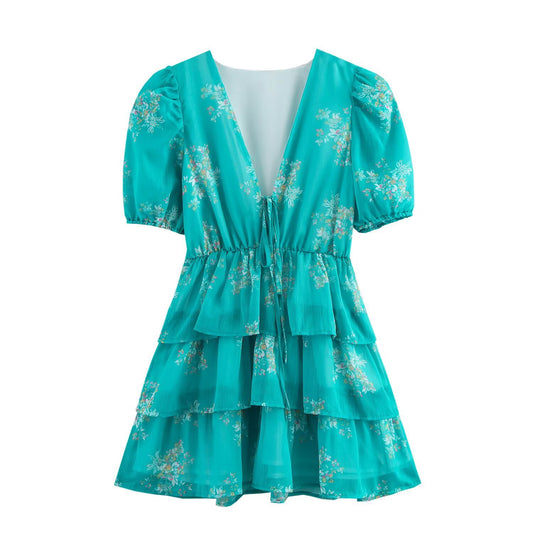 Blue V-Neck Mini Dress - Bubble Sleeve Layered Dress