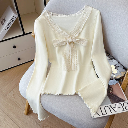 V-Neck Knit Sweater with Bow Detail - Flared Sleeve Pullover