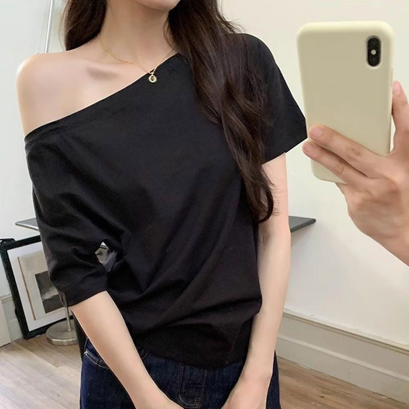 Women's Off Shoulder Oblique Collar Loose Short Sleeve Top – Casual Solid Polyester Blouse