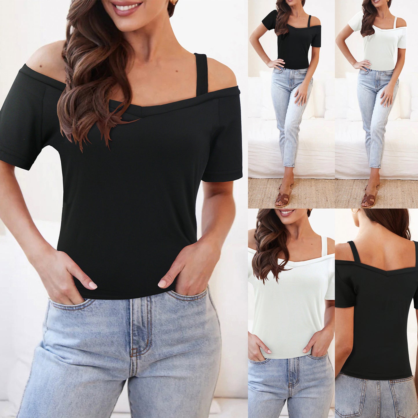 Zarusky Off-Shoulder Short Sleeve T-Shirt – Elegant One-Shoulder Top