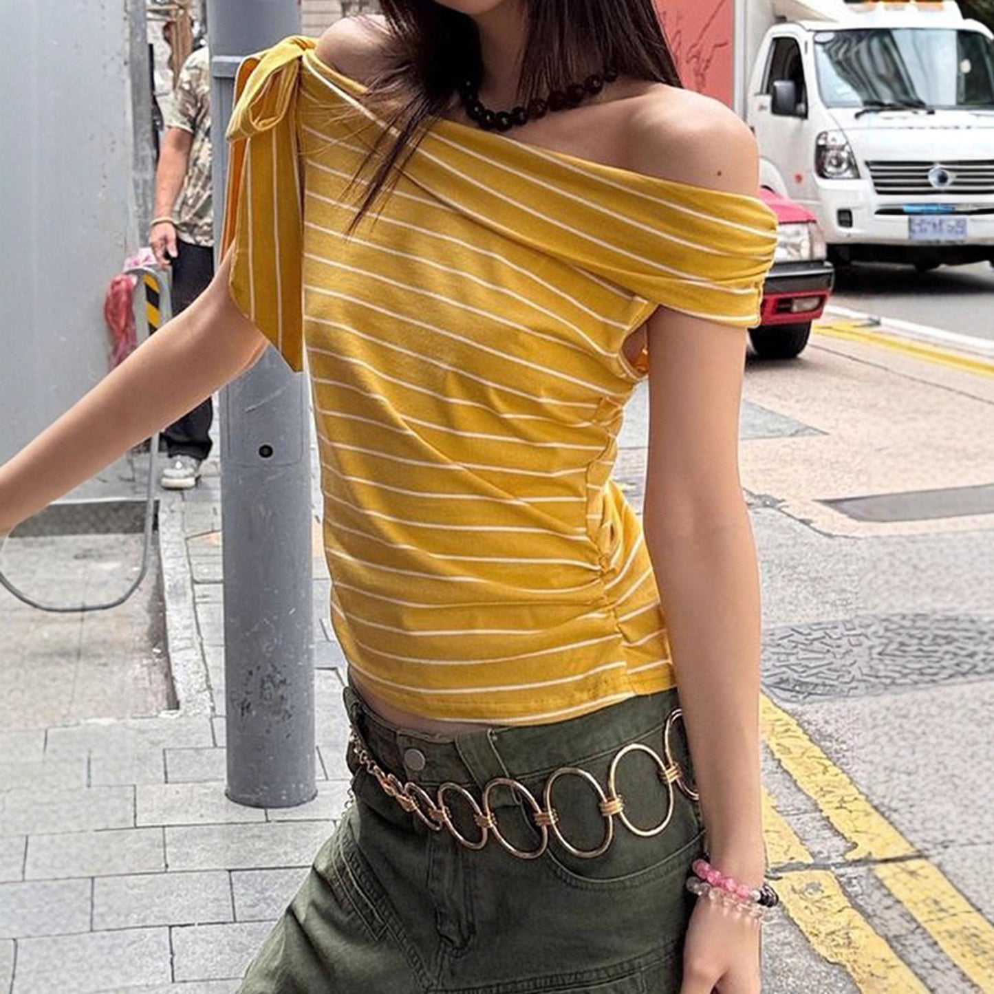 Zarusky One Shoulder Striped T-Shirt – Sexy Off Shoulder Contrasting Top