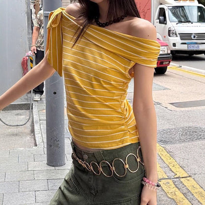 Zarusky One Shoulder Striped T-Shirt – Sexy Off Shoulder Contrasting Top