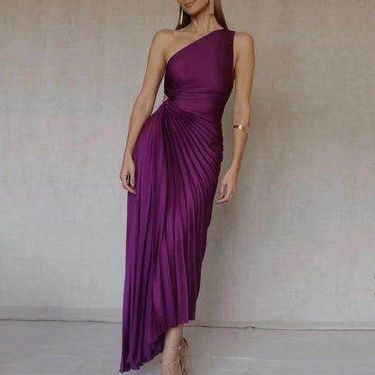Single Shoulder Diagonal Neckline Pleated Hollow Out Satin Dress - Long Skirt