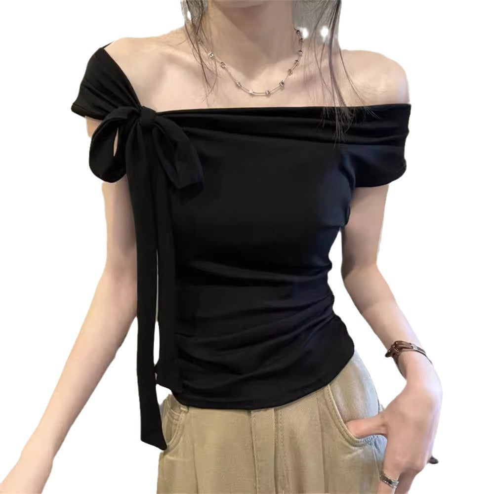 Women's Off Shoulder Strap Short Top – Slim Fit One-Word Collar Rayon Blouse