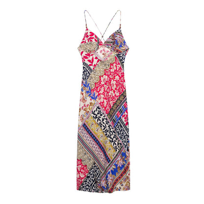 Women's Printed Backless V-Neck Camisole Maxi Dress