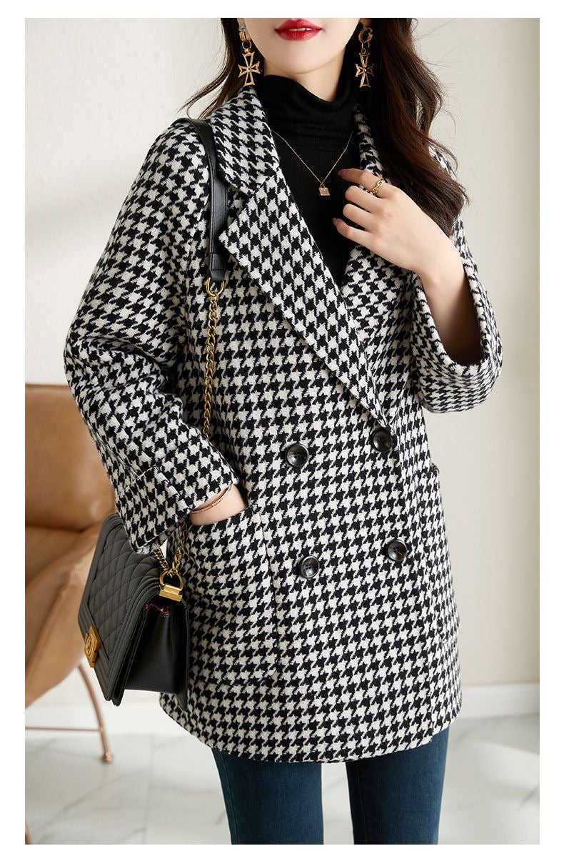 Women’s Luxe Houndstooth Wool Coat – Tailored Winter Outerwear | Elegant Premium Long Coat